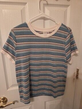 SO Favorite Tee Juniors Size XL Scoop Neck Teal Purple White Striped